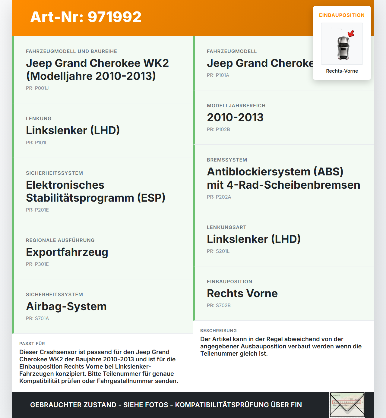 Jeep Grand Cherokee WK2 10-13 Sensor für Airbag Crashsensor Airbagsensor Rechts Vorne Jeep Grand Cherokee WK2 10-13... Vorschau 3