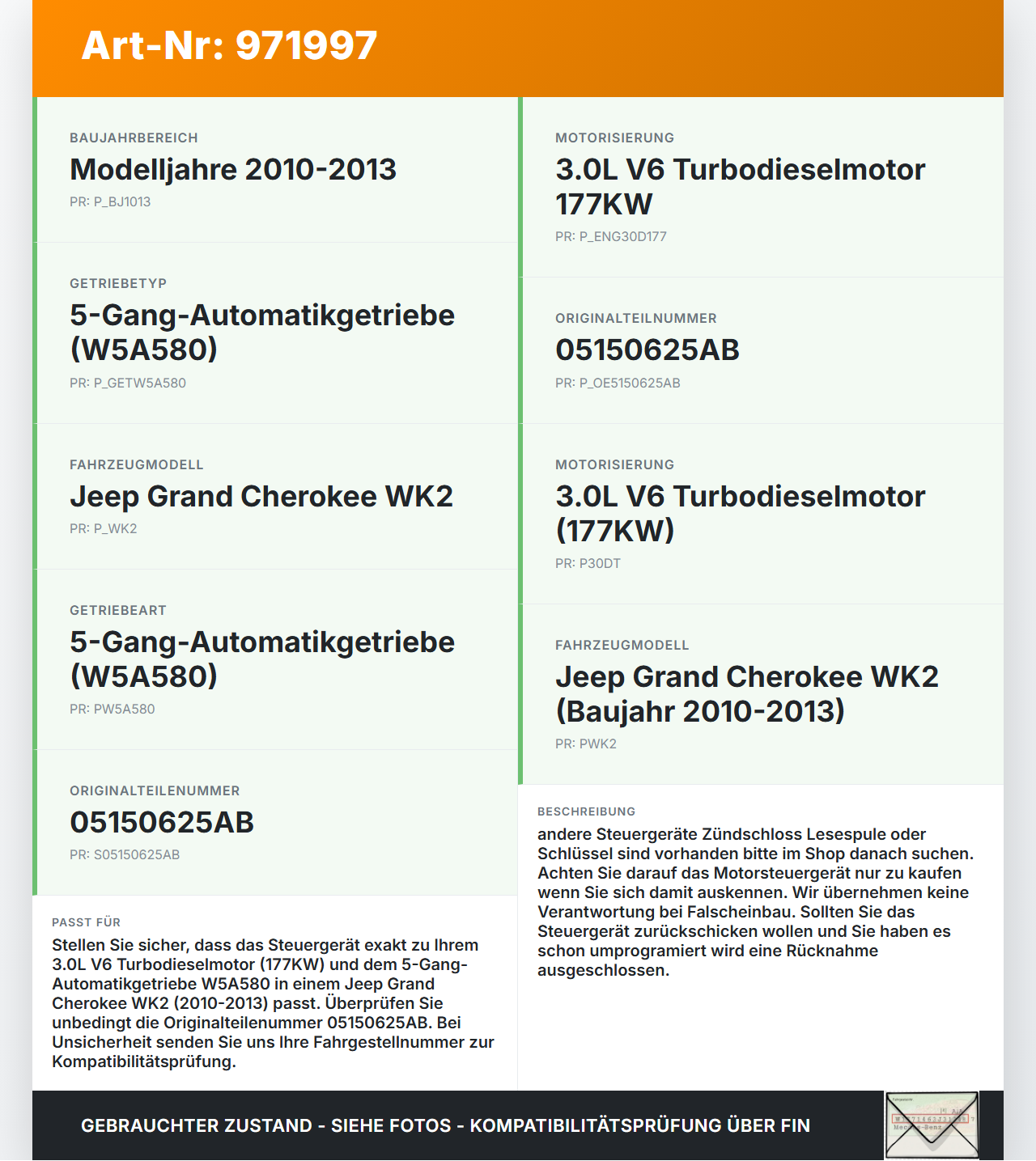 Jeep Grand Cherokee WK2 10-13 3,0d 177KW Steuergerät ECU für Motor Motorsteuergerät Jeep Grand Cherokee WK2 10-13... Vorschau 3