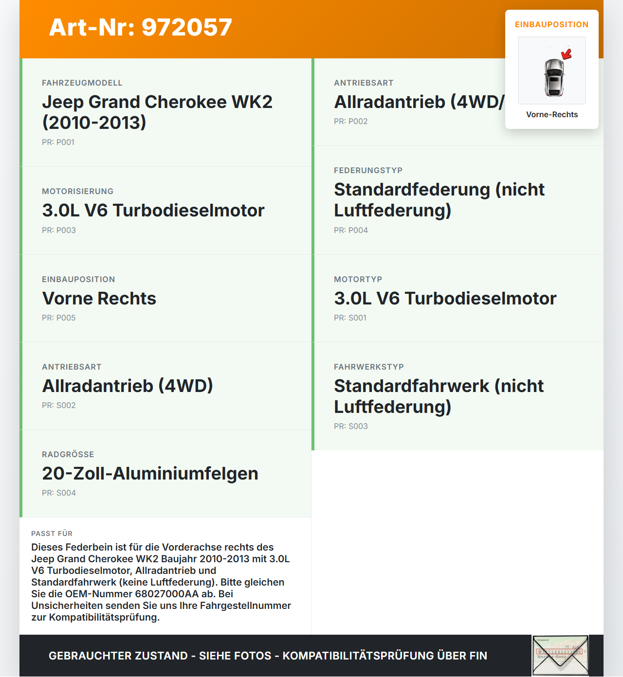 Jeep Grand Cherokee WK2 10-13 Federbein Stossdämpfer Vorne Rechts Jeep Grand Cherokee WK2 10-13 11.02.2011... Vorschau 3
