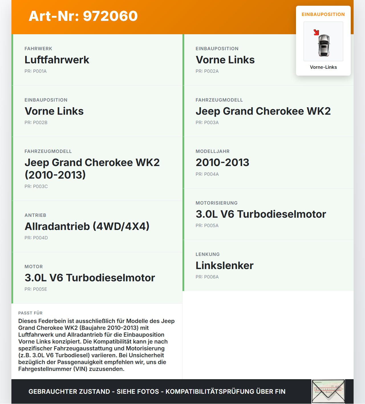Jeep Grand Cherokee WK2 10-13 Stossdämpfer Federbein Luftfahrwerk Vorne Links Jeep Grand Cherokee WK2 10-13... Vorschau 3