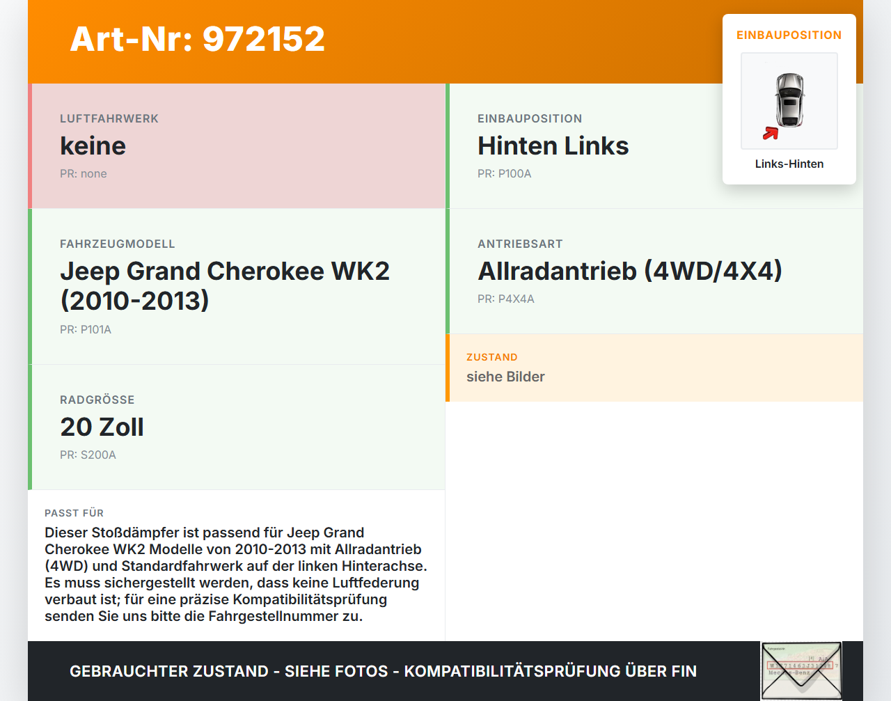 Jeep Grand Cherokee WK2 10-13 Stossdämpfer Links Hinten Jeep Grand Cherokee WK2 10-13 11.02.2011 gebraucht Vorschau 3