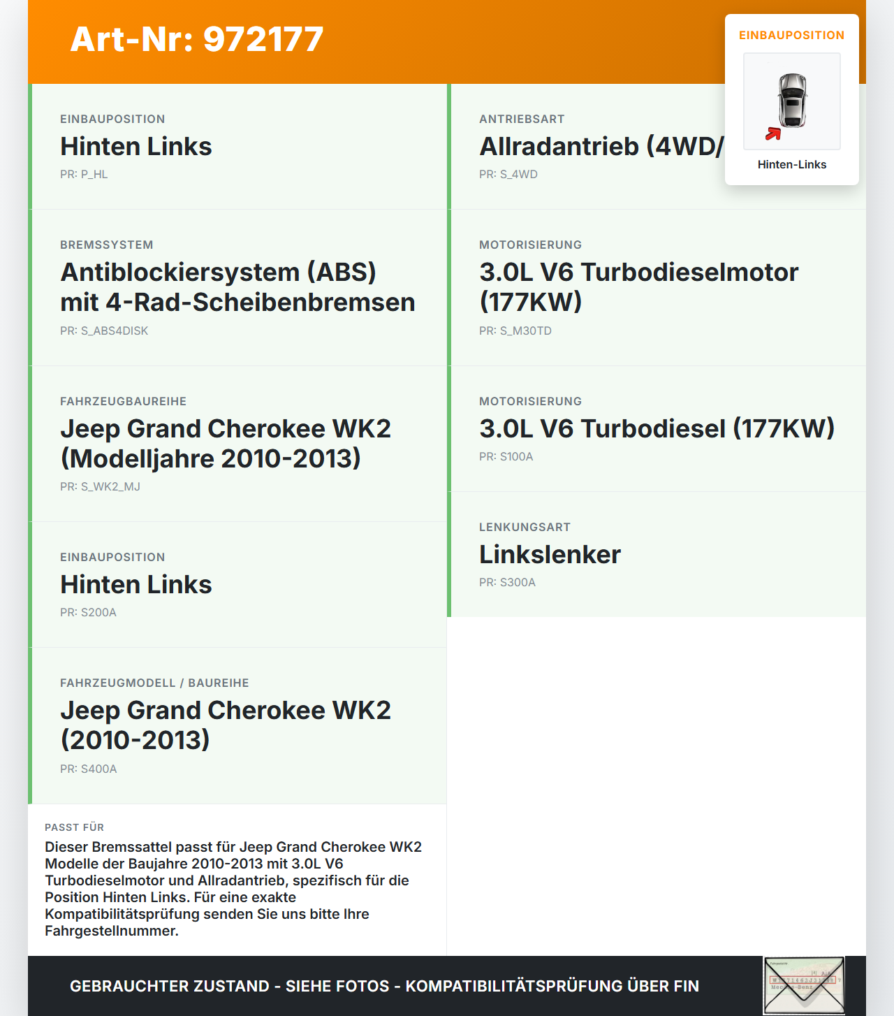 Jeep Grand Cherokee WK2 10-13 3,0d 177KW Bremssattel Bremszange Hinten Links Jeep Grand Cherokee WK2 10-13... Vorschau 3