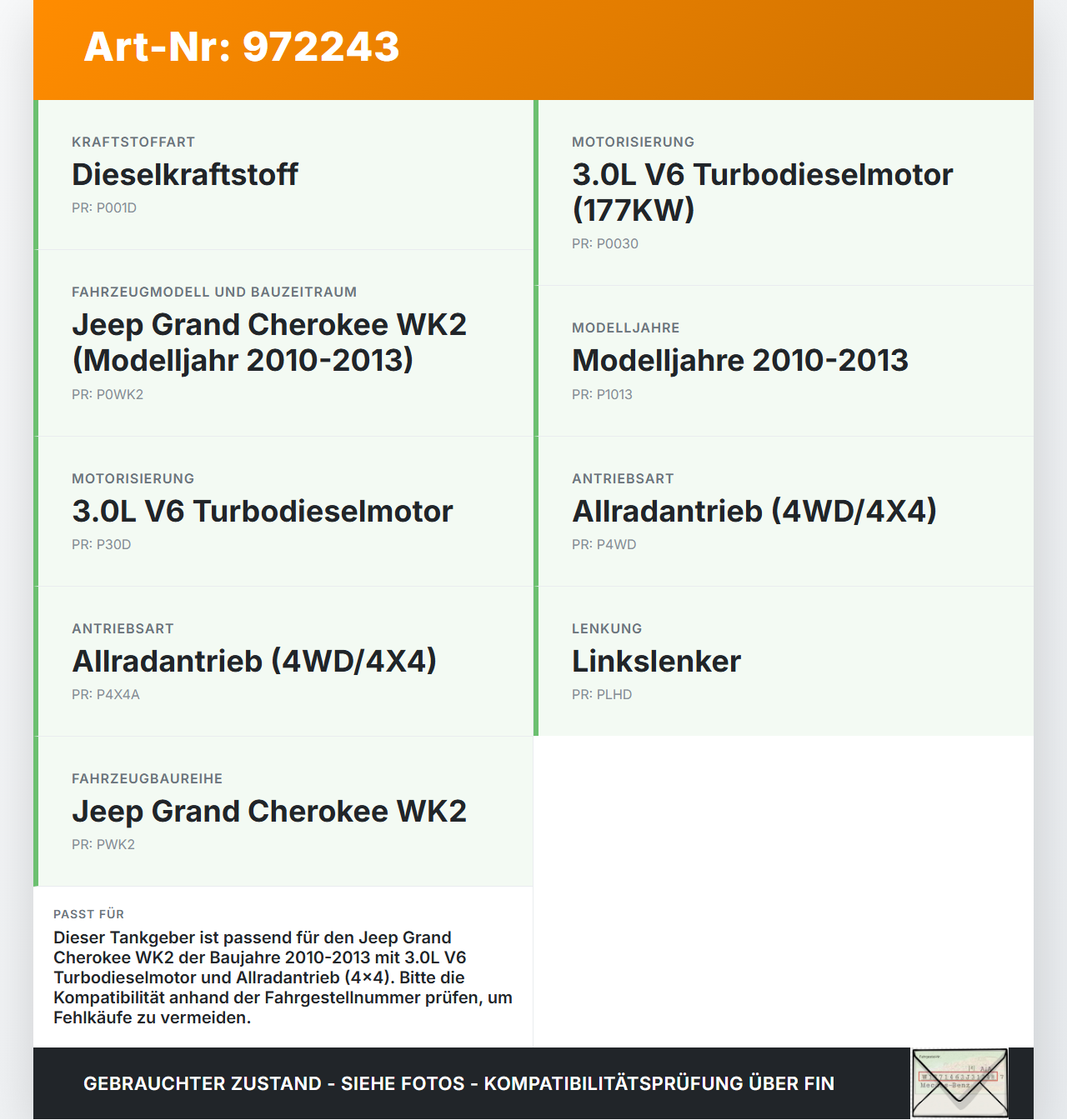 Jeep Grand Cherokee WK2 10-13 3,0d 177KW Tankgeber Tankeinheit Jeep Grand Cherokee WK2 10-13 11.02.2011 gebraucht Vorschau 3