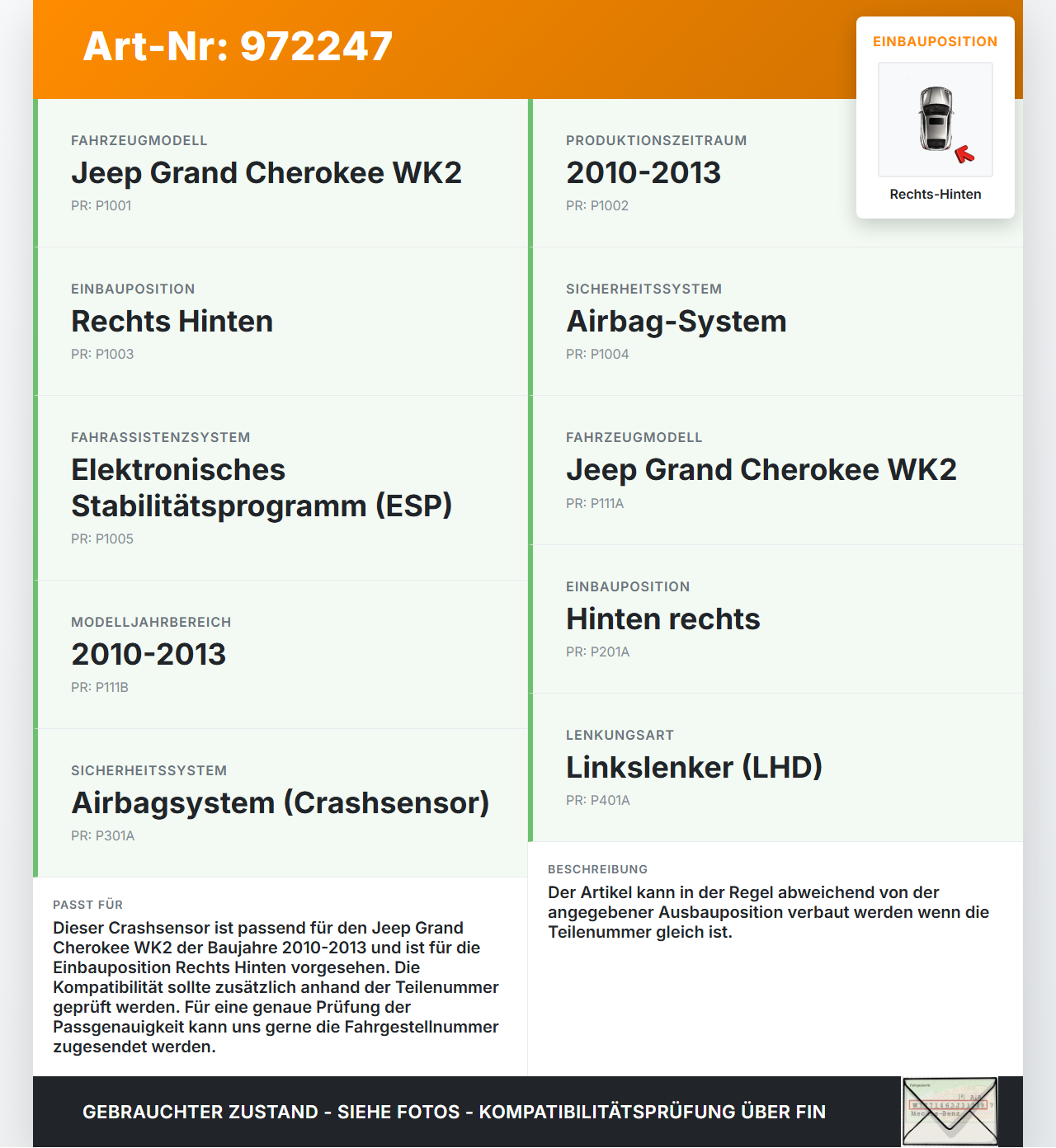 Jeep Grand Cherokee WK2 10-13 Sensor für Airbag Crashsensor Airbagsensor Rechts Hinten Jeep Grand Cherokee WK2... Vorschau 3