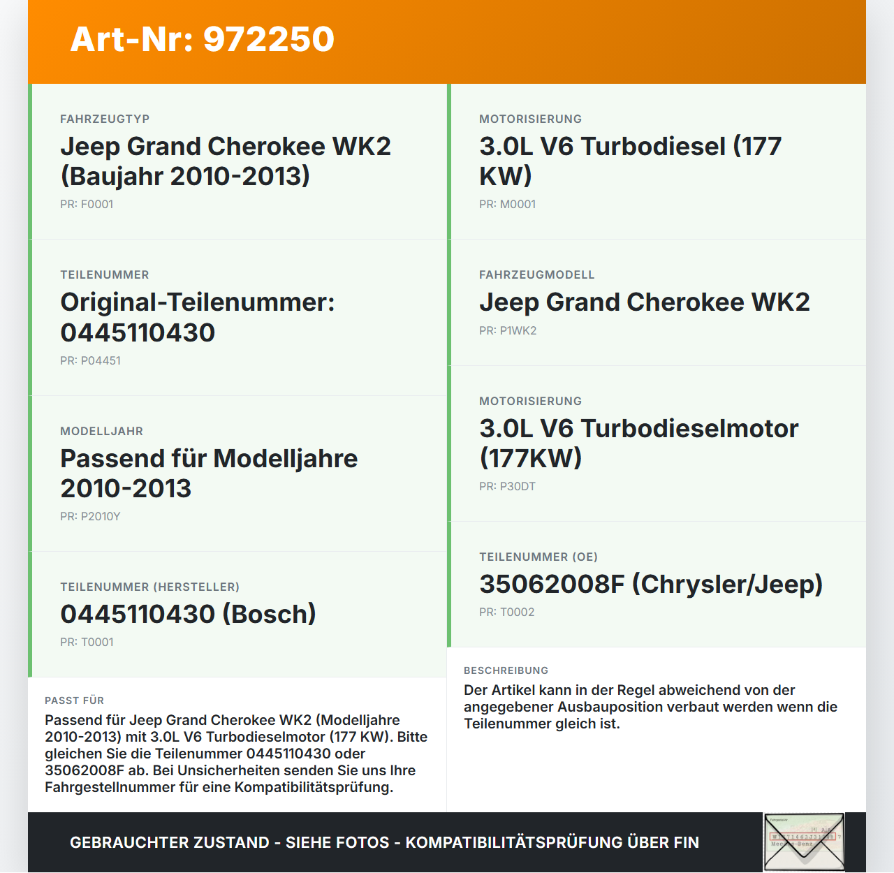 Jeep Grand Cherokee WK2 10-13 3,0d 177KW Injektor Einspritzdüse Zyl.2 Jeep Grand Cherokee WK2 10-13 11.02.2011... Vorschau 3