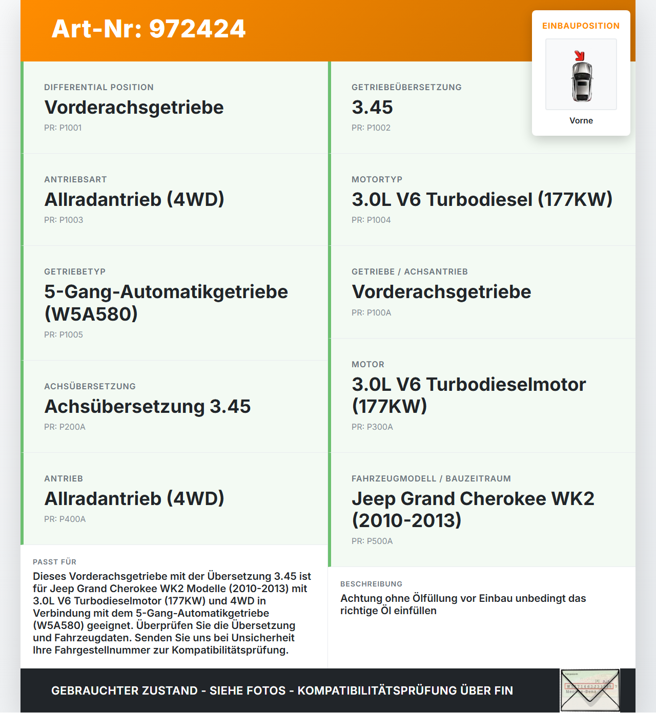 Jeep Grand Cherokee WK2 10-13 3,0d 177KW 4WD Differential Vorderachsgetriebe Vorne 3,45 Jeep Grand Cherokee WK2... Vorschau 3