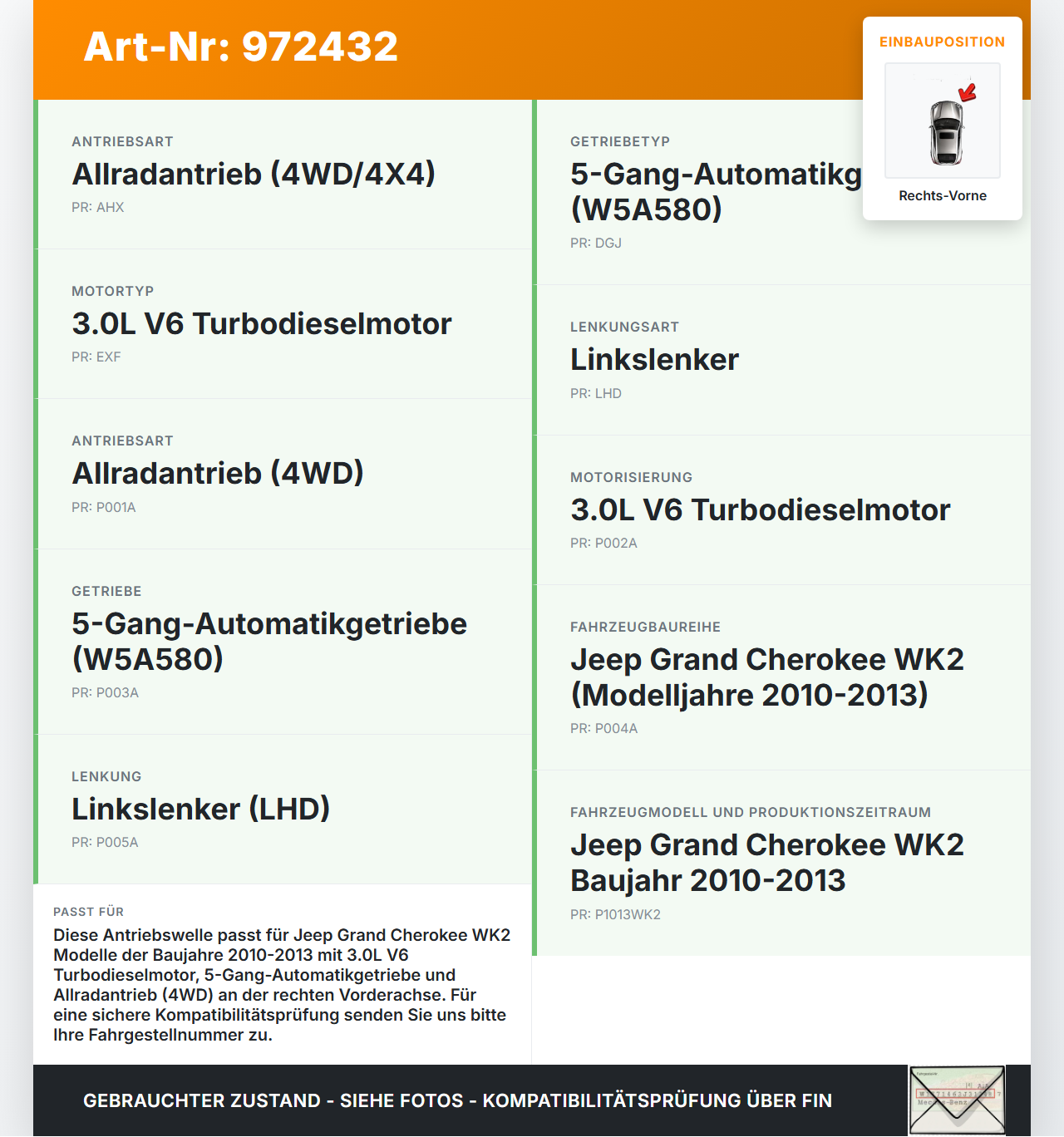 Jeep Grand Cherokee WK2 10-13 3,0d 177KW Autom 4WD Antriebswelle Gelenkwelle Rechts Vorne Jeep Grand Cherokee WK2... Vorschau 3