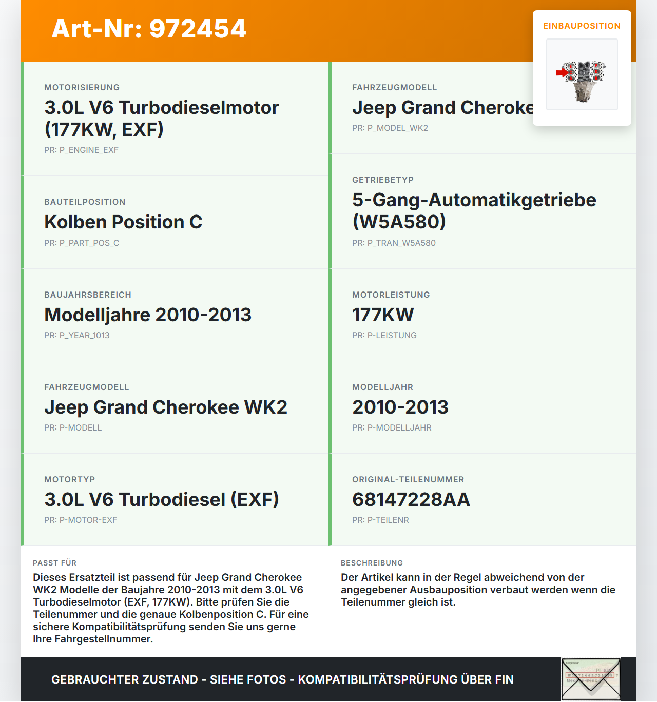 Jeep Grand Cherokee WK2 10-13 3,0d 177KW EXF Kolben ohne Pleuel Pos C Jeep Grand Cherokee WK2 10-13 11.02.2011... Vorschau 3