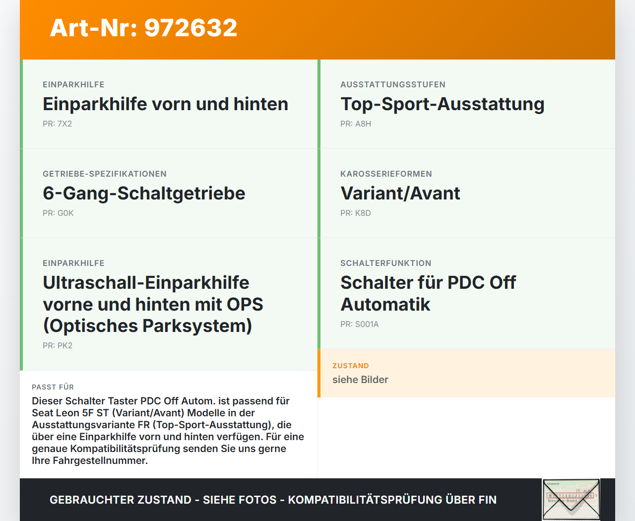 Seat Leon 5F ST FR 13-18 Schalter PDC Off Autom. Seat Leon 5F ST FR 13-18 25.01.2016 5F0927137F gebraucht Vorschau 3