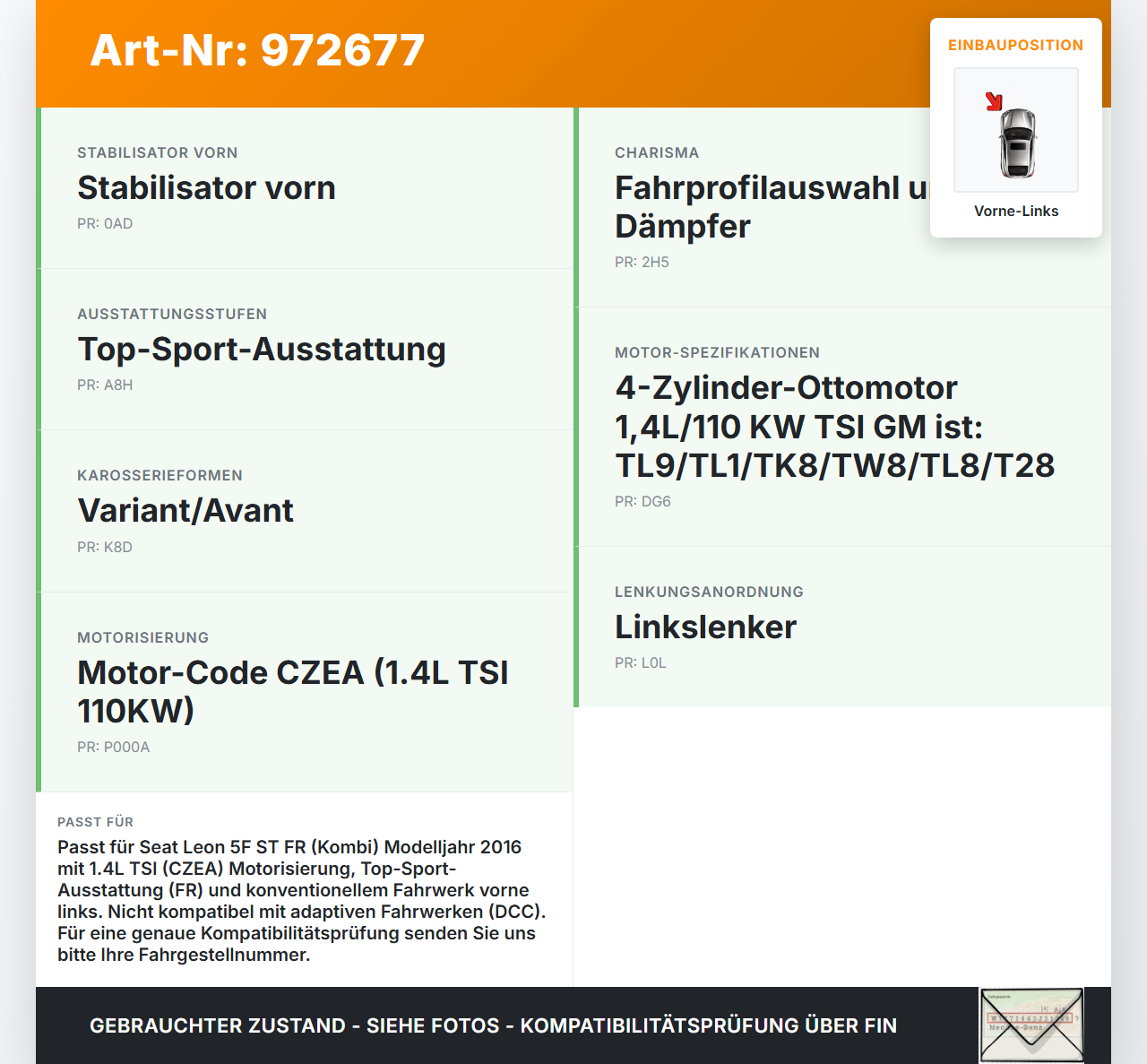 Seat Leon 5F ST FR 13-18 Kombi Federbein Stossdämpfer Vorne Links Seat Leon 5F ST FR 13-18 25.01.2016 5Q0413023FP... Vorschau 3