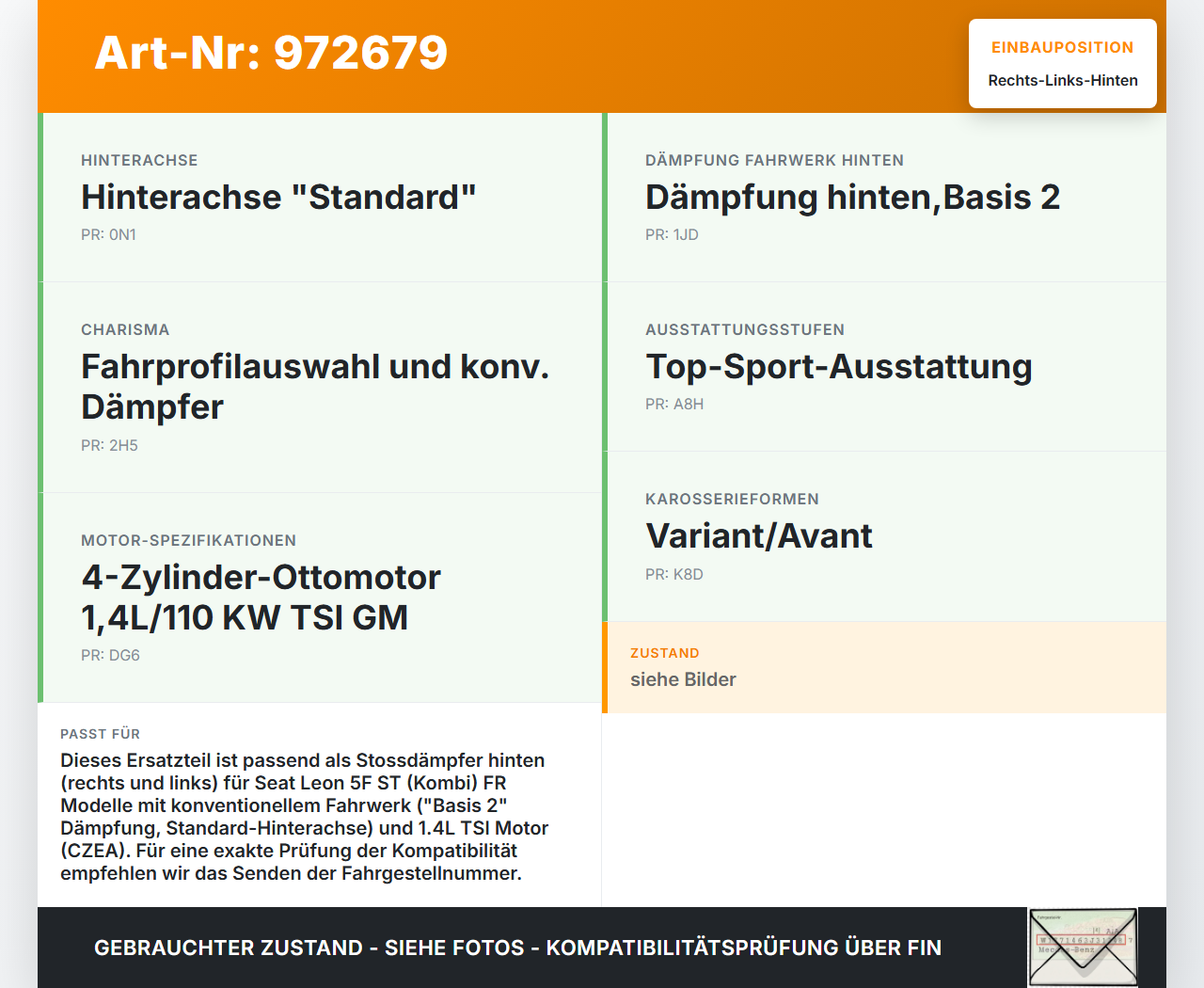 Seat Leon 5F ST FR 13-18 Kombi Stossdämpfer Rechts und Links Hinten Seat Leon 5F ST FR 13-18 25.01.2016 5Q0513049CQ... Vorschau 3