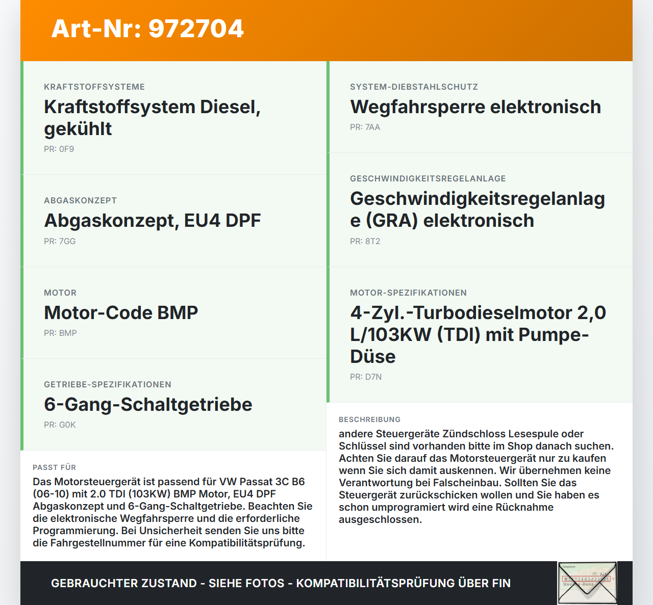 VW Passat 3C B6 06-10 2.0 103KW Motor Steuergerät ECU Motorsteuergerät VW Passat 3C B6 06-10 16.01.2006 03G906021AB... Vorschau 3