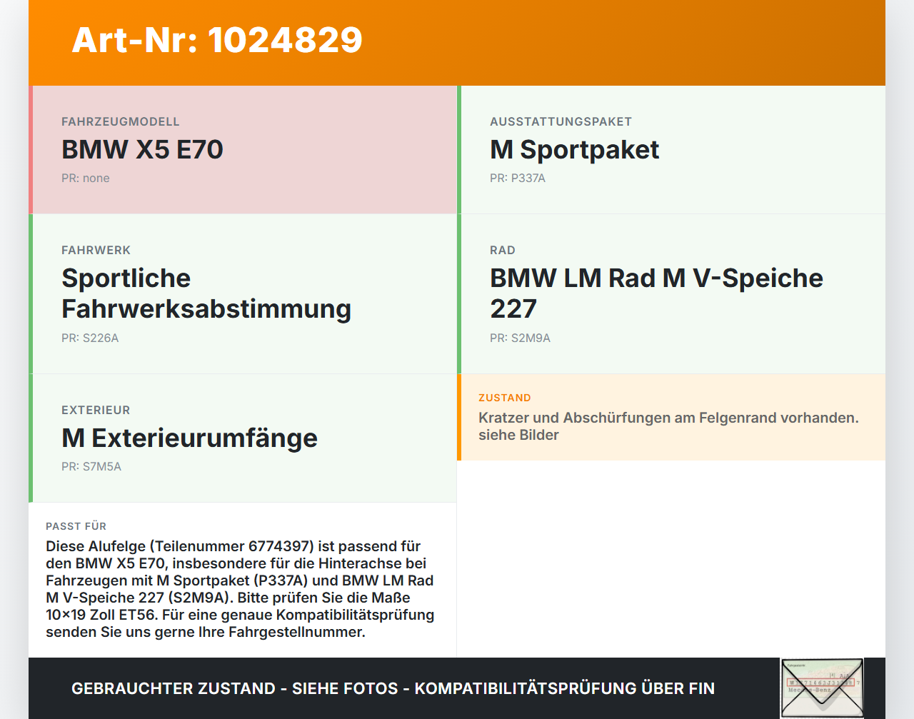 BMW X5 E70 07-10 1x Felge Alufelge 5X120 10X19Zoll ET56 BMW X5 E70 07-10 07.10.2008 6774397 gebraucht Vorschau 3