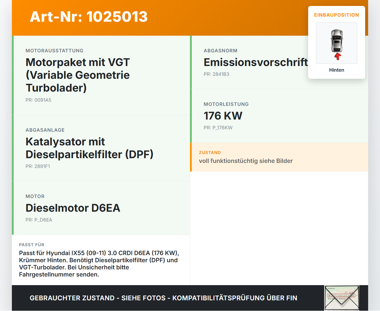Hyundai IX55 09-11 CRDI 3,0 176KW D6EA Abgaskrümmer Hinten Hyundai IX55 09-11 09.02.2012 285103A500 gebraucht Vorschau 3