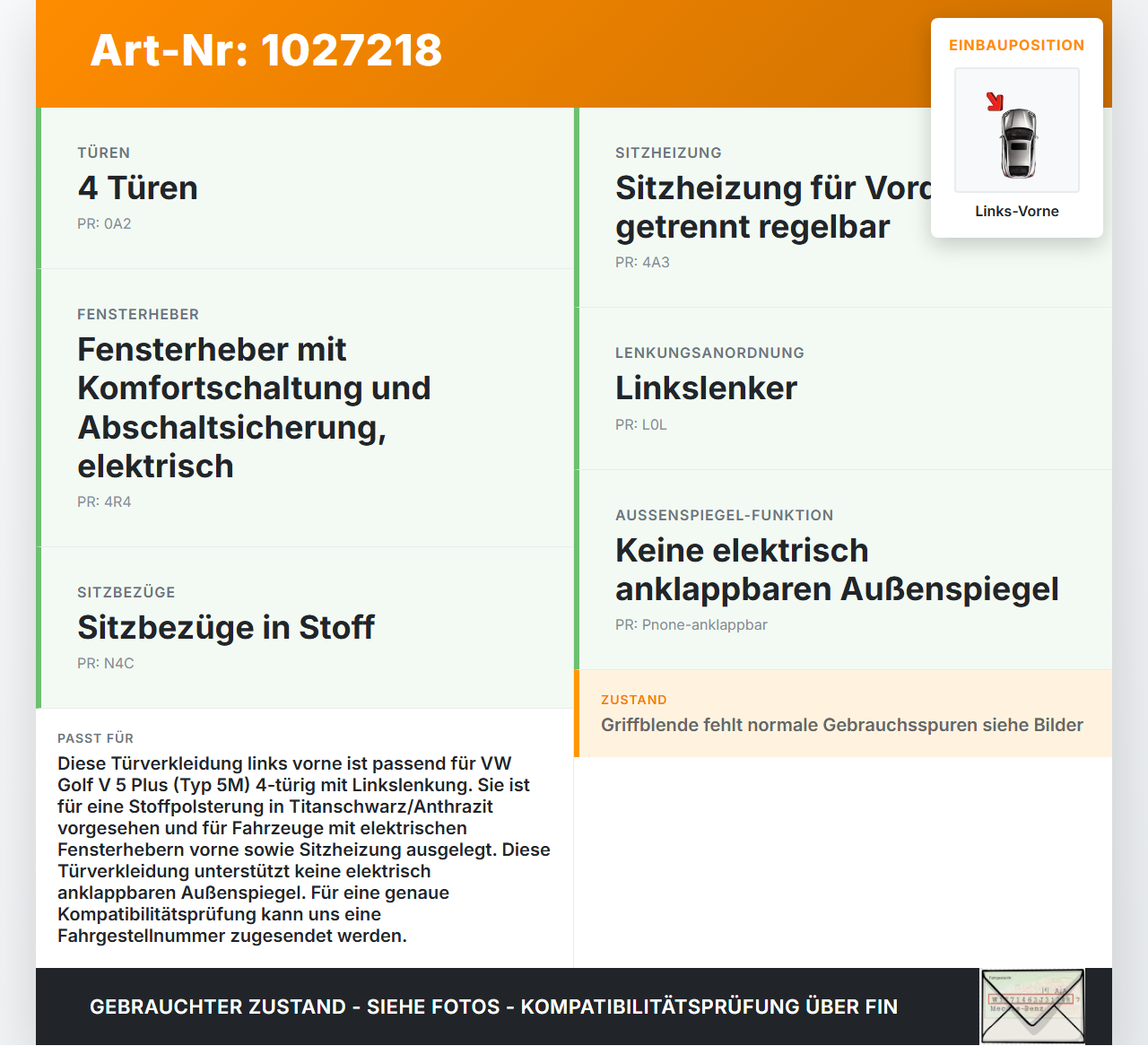 VW Golf V 5 Plus 5M 04-08 Türverkleidung Türpappe Links Vorne VW Golf V 5 Plus 5M 04-08 14.09.2005 5M1867011N... Vorschau 3