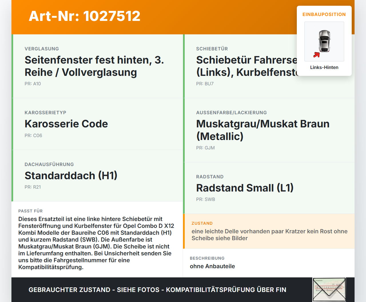 Opel Combo D X12 11-18 Kombi Tür Schiebetür Links Hinten GJM Opel Combo D X12 11-18 09.04.2018 95517778 1246170... Vorschau 3
