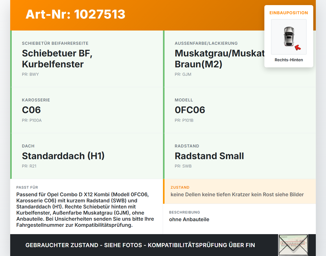 Opel Combo D X12 11-18 Kombi Tür Schiebetür Rechts Hinten GJM Opel Combo D X12 11-18 09.04.2018 95519665 1247310... Vorschau 3