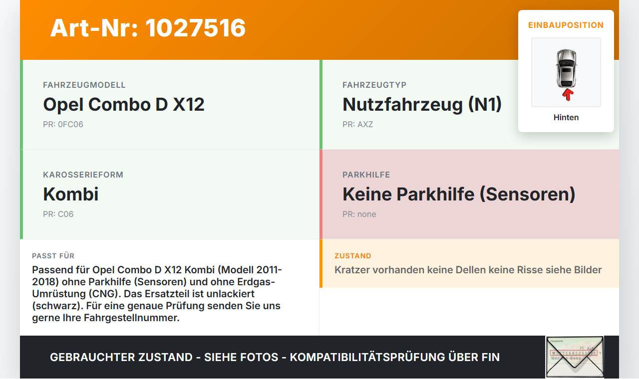 Opel Combo D X12 11-18 Kombi Stoßstange Stoßfänger Heckstosstange Hinten GJM Opel Combo D X12 11-18 09.04.2018... Vorschau 3