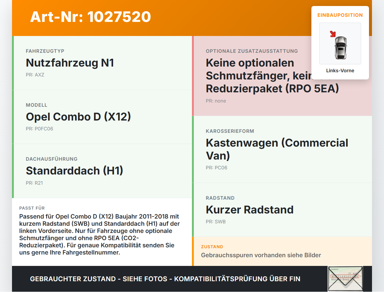 Opel Combo D X12 11-18 Verkleidung Radhausschale Links Vorne für Kotflügel Opel Combo D X12 11-18 09.04.2018... Vorschau 3