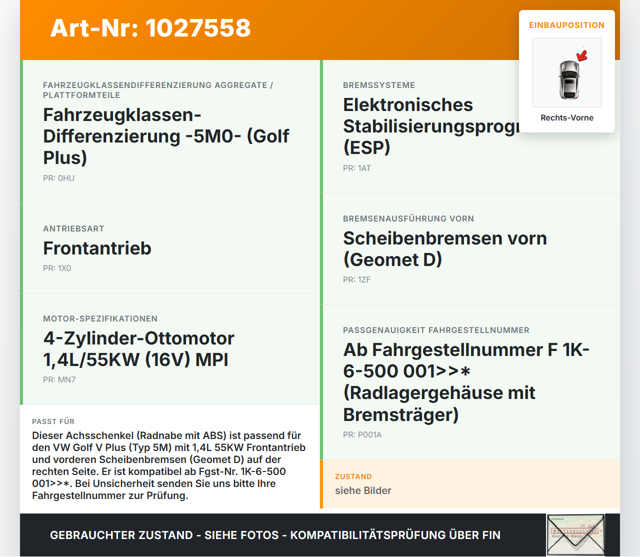 VW Golf V 5 Plus 5M 04-08 1,4 55KW Achsschenkel Radnabe mit ABS Rechts Vorne VW Golf V 5 Plus 5M 04-08 14.09.2005... Vorschau 3