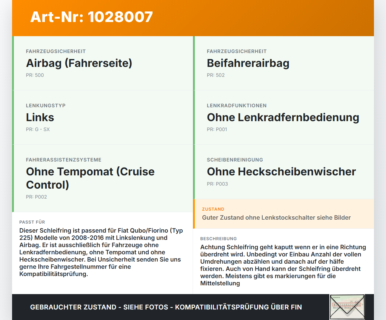 Fiat Qubo Fiorino 225 08-16 Airbag Schleifring Wickelfeder Fiat Qubo Fiorino 225 08-16 03.08.2011 2493011196397... Vorschau 3