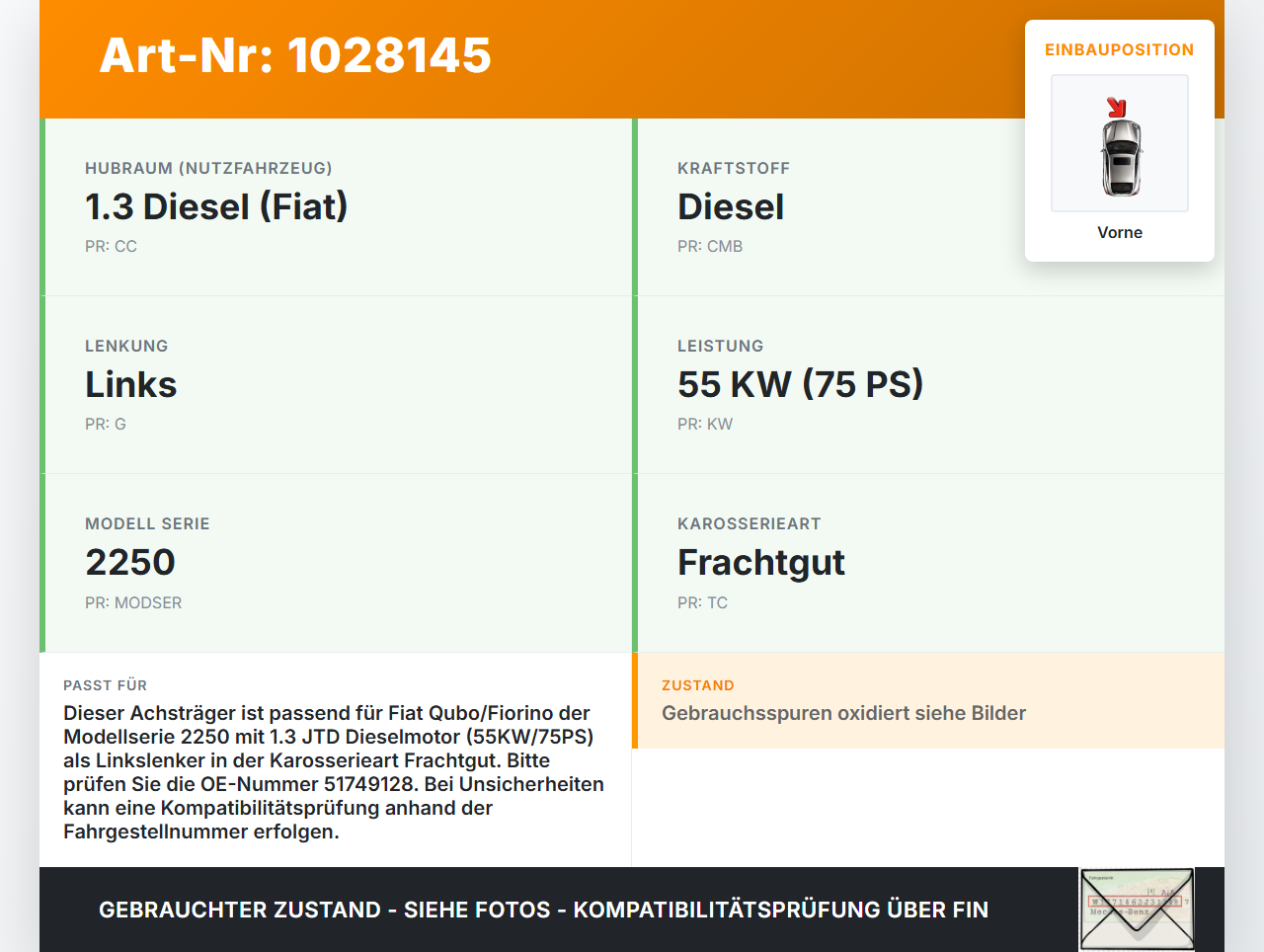 Fiat Qubo Fiorino 225 08-16 JTD 1,3 55KW Achsträger Vorderachse Motorträger Vorne Fiat Qubo Fiorino 225 08-16... Vorschau 3