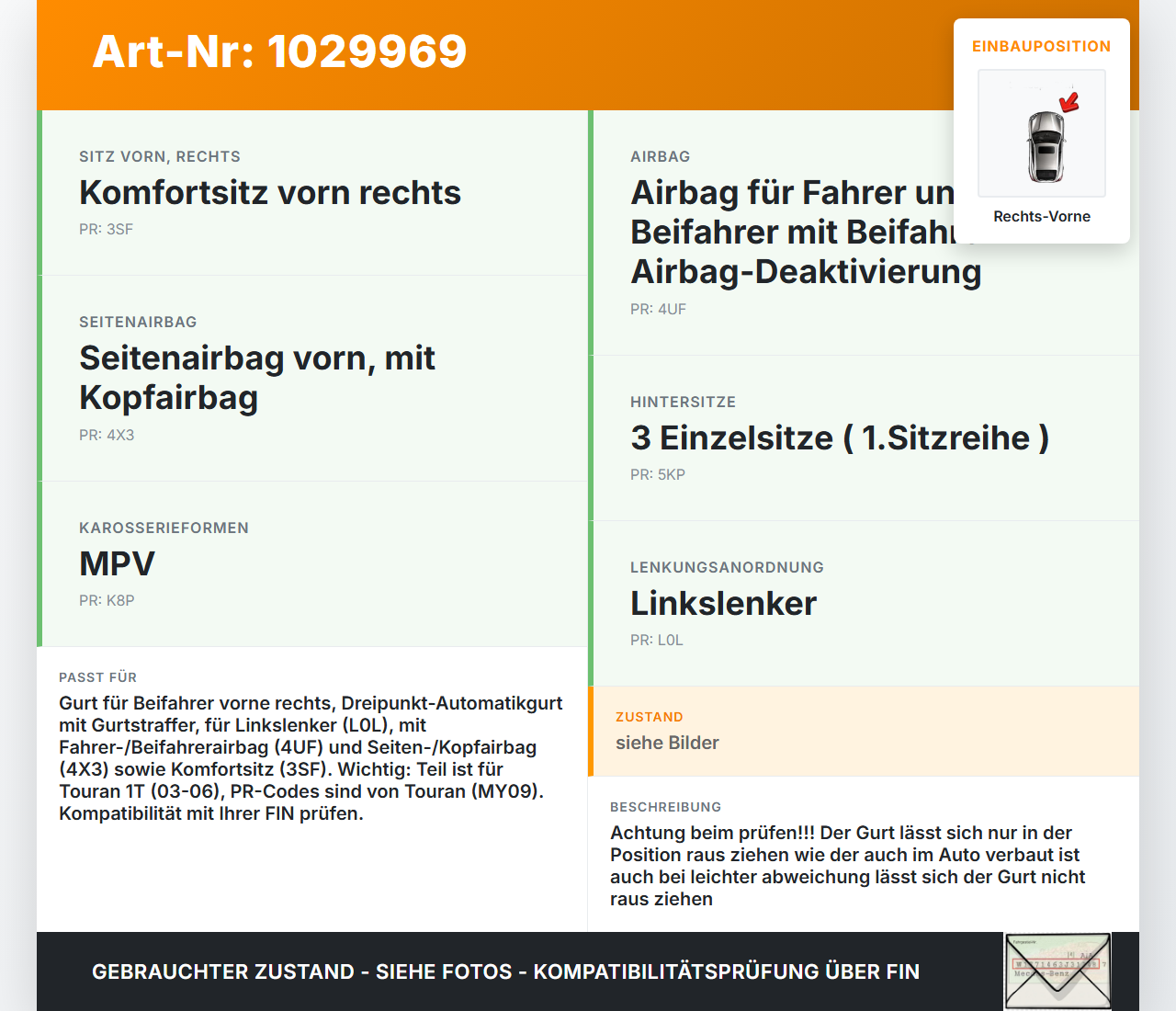 VW Touran 1T 03-06 Gurt Sicherheitsgurt Gurtstraffer Beifahrer Rechts Vorne VW Touran 1T 03-06 16.04.2009... Vorschau 3