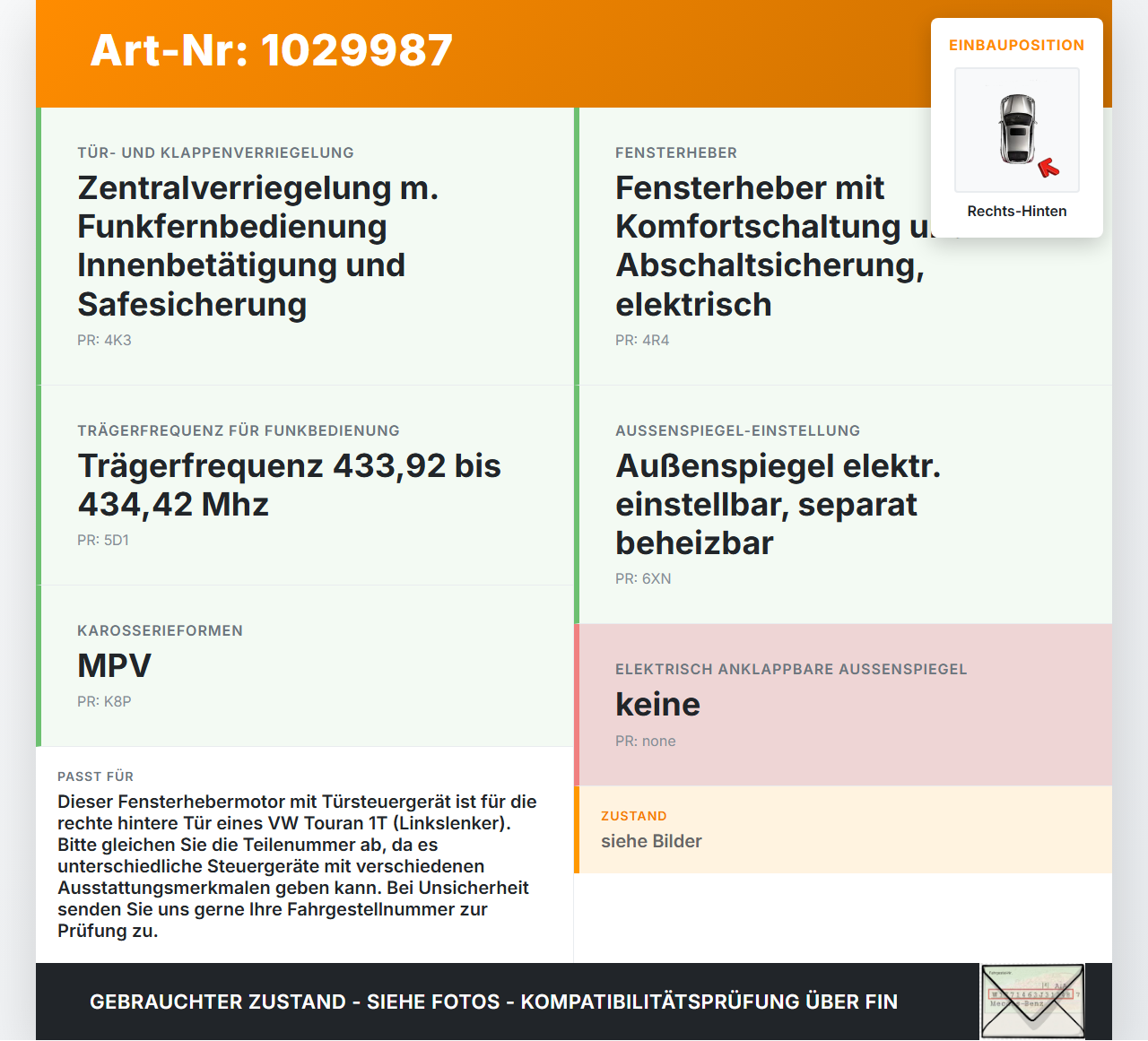 VW Touran 1T 03-06 Fensterhebermotor Rechts Hinten mit Türsteuergerät VW Touran 1T 03-06 16.04.2009 1K0959794AK... Vorschau 3