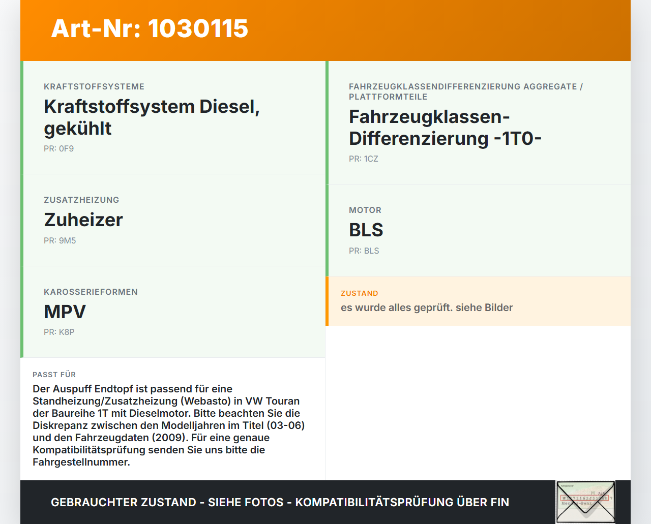 VW Touran 1T 03-06 Auspuff Endtopf Standheizung VW Touran 1T 03-06 16.04.2009 9001800D gebraucht Vorschau 3