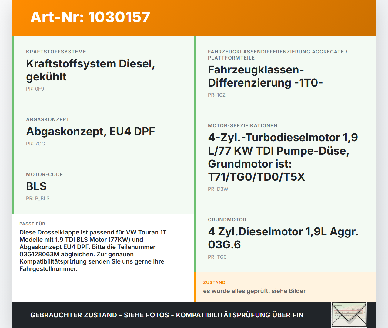 VW Touran 1T 03-06 TDI 1,9 77KW BLS Drosselklappe Steuerklappe Stutzen VW Touran 1T 03-06 16.04.2009 03G128063M... Vorschau 3