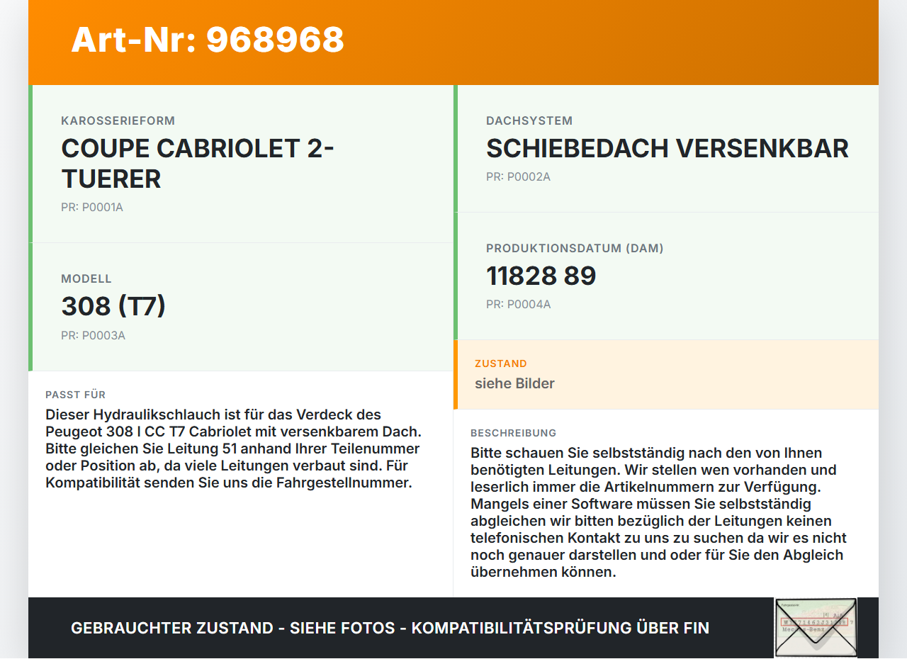Peugeot 308 I CC T7 07-11 Cabriolet Hydraulik Schlauch Leitung 51 für Verdeck Peugeot 308 I CC T7 07-11 23.04.2009... Vorschau 3