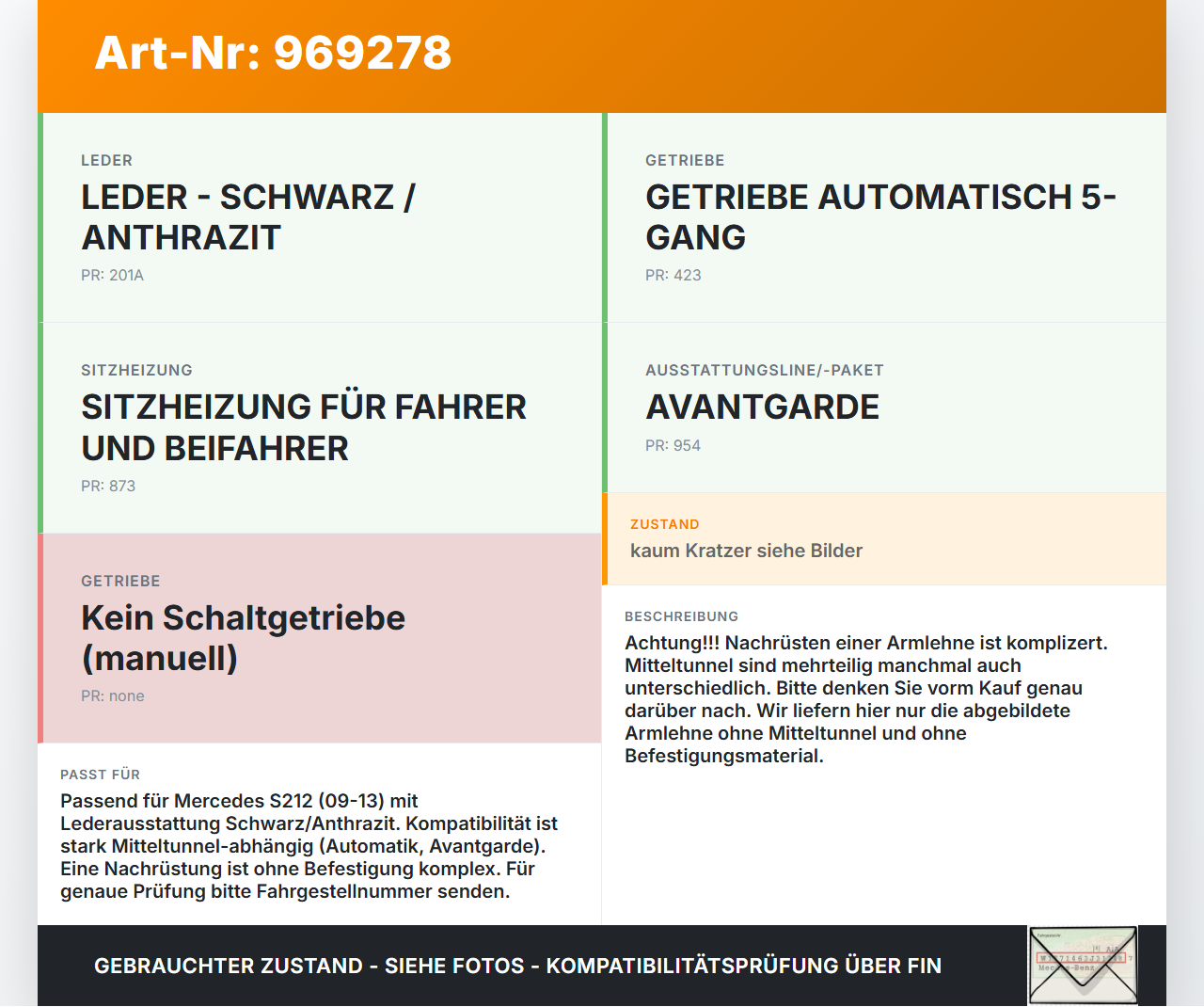 Mercedes E220 S212 09-13 Armlehne Mittelarmlehne Auflage Mercedes E220 S212 09-13 15.11.2010 A2127202995 gebraucht Vorschau 3