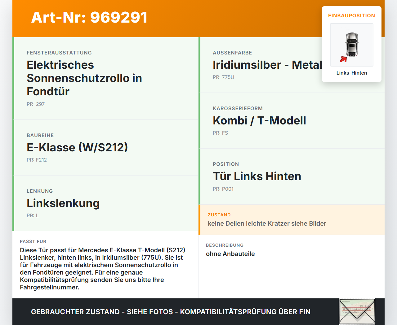 Mercedes E220 S212 09-13 Kombi Tür Links Hinten 775 Mercedes E220 S212 09-13 15.11.2010 A2127300305 gebraucht Vorschau 3