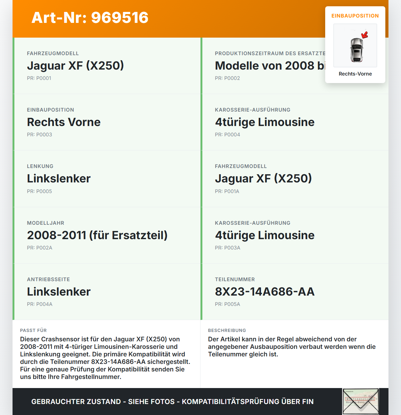 Jaguar XF X250 08-11 Sensor Airbag Crashsensor Airbagsensor Rechts Vorne Jaguar XF X250 08-11 08.04.2009 C2Z3530... Vorschau 3
