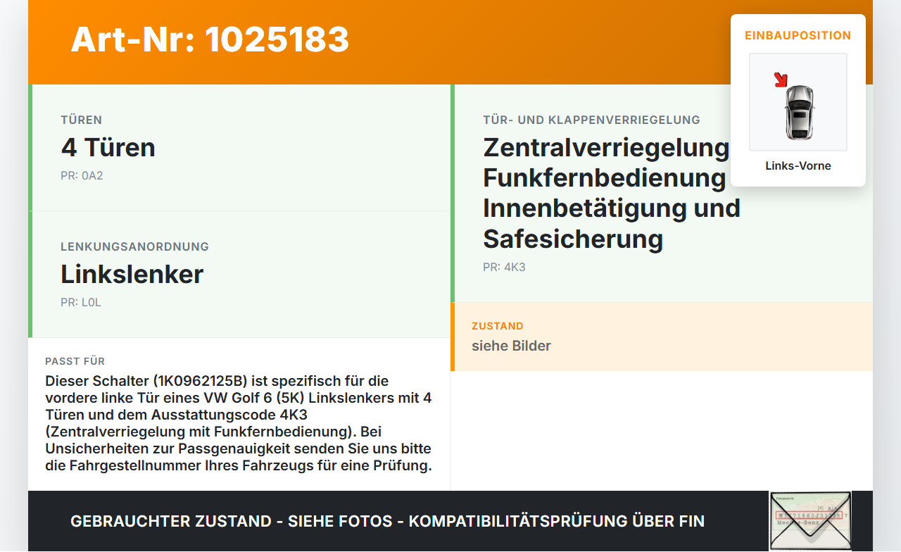 VW Golf 6 VI 5K 08-12 Schalter ZV Zentralverriegelung Links Vorne VW Golf 6 VI 5K 08-12 14.07.2011 1K0962125B... Vorschau 3