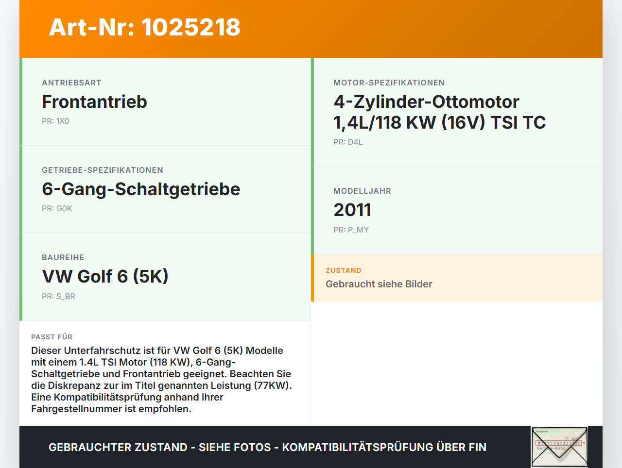 VW Golf 6 VI 5K 08-12 TSI 1,4 77KW Unterfahrschutz VW Golf 6 VI 5K 08-12 14.07.2011 1K0407271CP gebraucht Vorschau 3