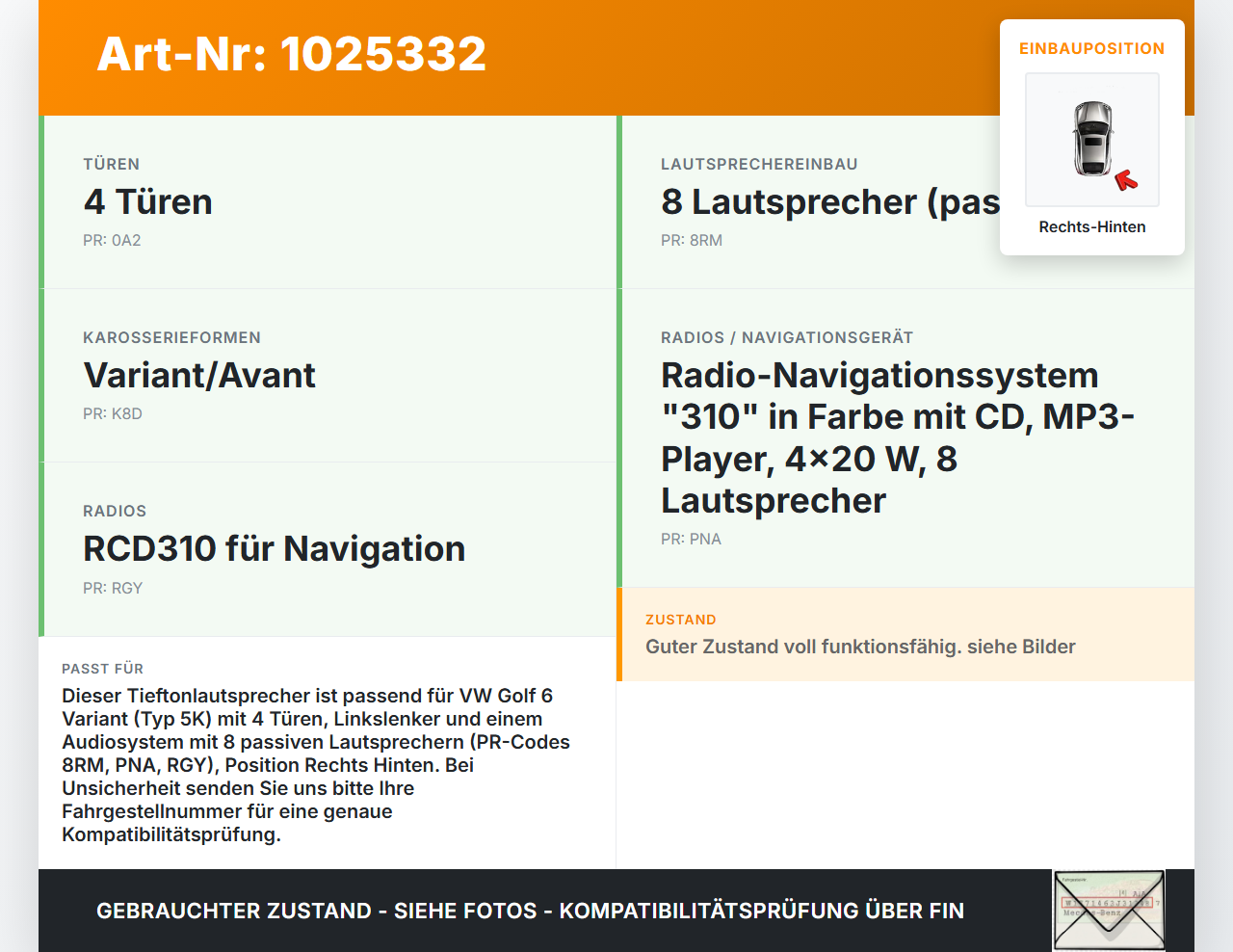 VW Golf 6 VI 5K 08-12 Kombi Lautsprecher Rechts Hinten VW Golf 6 VI 5K 08-12 14.07.2011 1KM035454B 904175410003... Vorschau 3