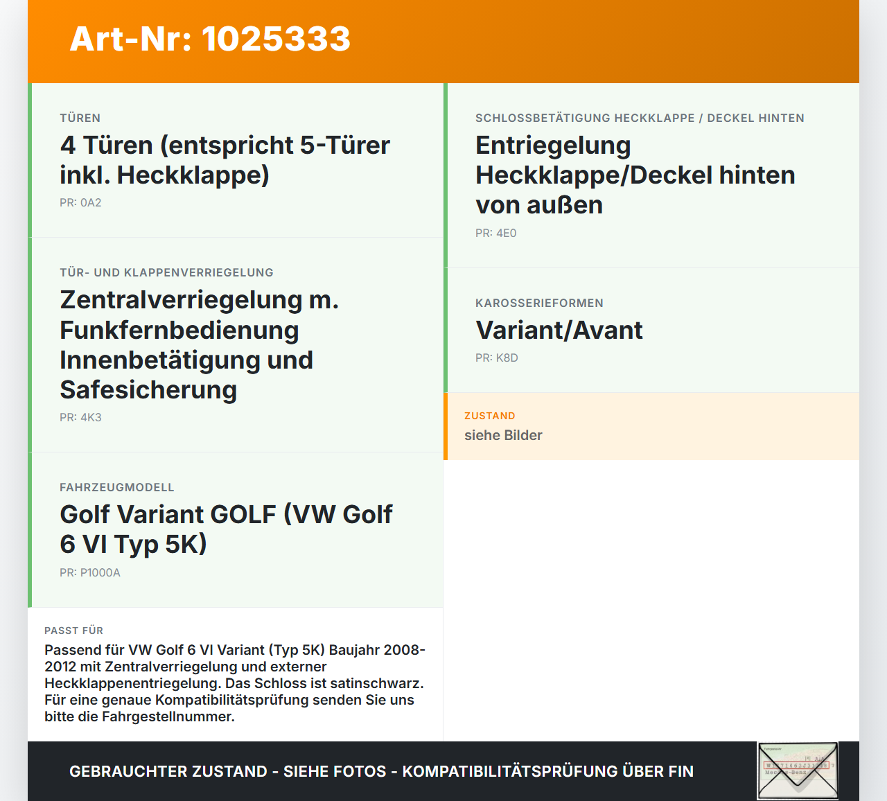 VW Golf 6 VI 5K 08-12 Kombi Schloss f. Heckklappe Heckklappenschloss Verriegelung VW Golf 6 VI 5K 08-12 14.07.2011... Vorschau 3