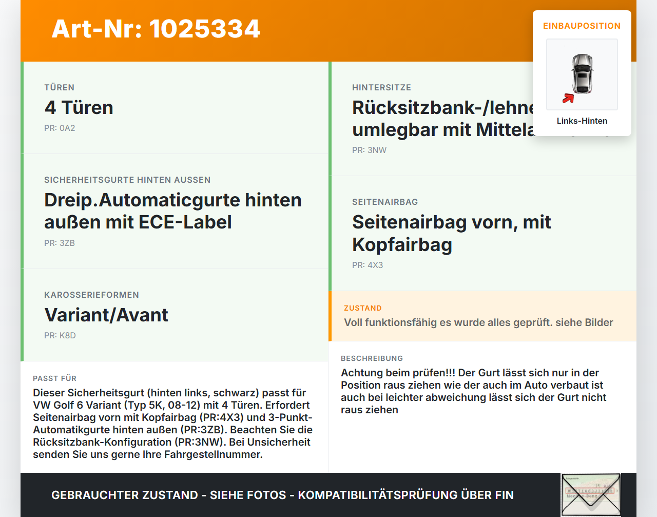 VW Golf 6 VI 5K 08-12 Kombi Gurt Sicherheitsgurt Links Hinten VW Golf 6 VI 5K 08-12 14.07.2011 1K9857805 6081649F1B... Vorschau 3