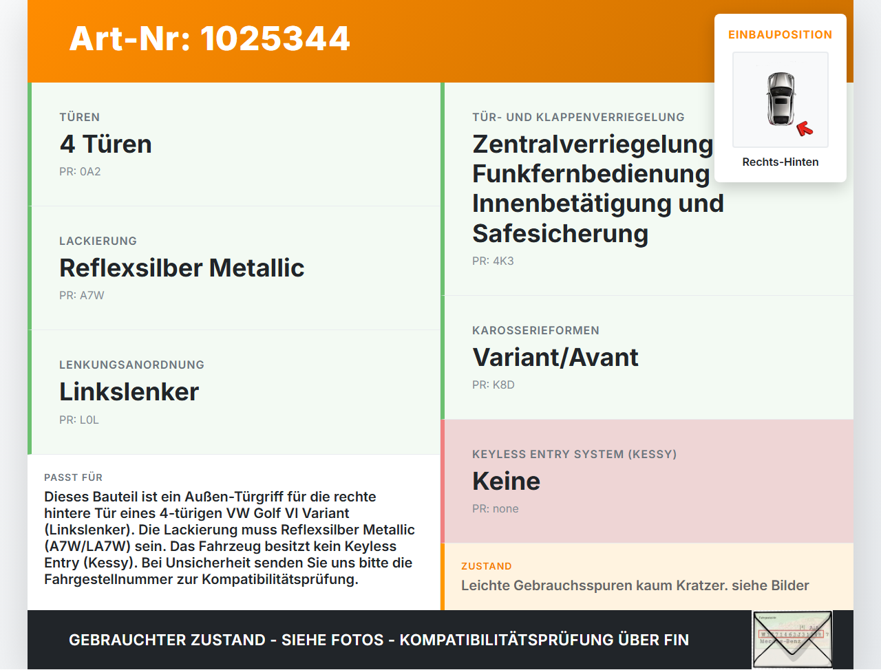 VW Golf 6 VI 5K 08-12 Kombi Türgriff Griff aussen Rechts Hinten LA7W VW Golf 6 VI 5K 08-12 14.07.2011 1K5837205... Vorschau 3