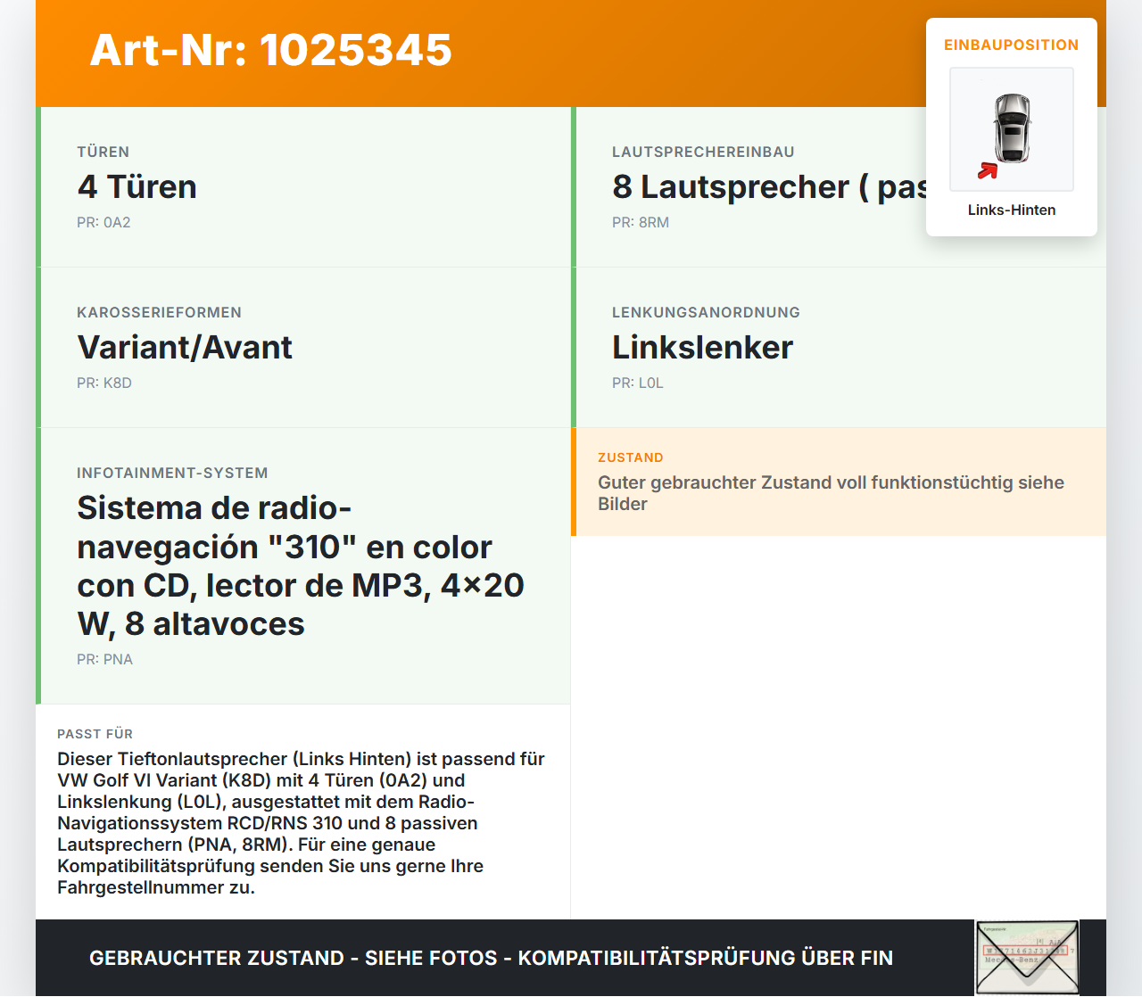 VW Golf 6 VI 5K 08-12 Lautsprecher Links Hinten VW Golf 6 VI 5K 08-12 14.07.2011 1KM035454B 904175410003 gebraucht Vorschau 3