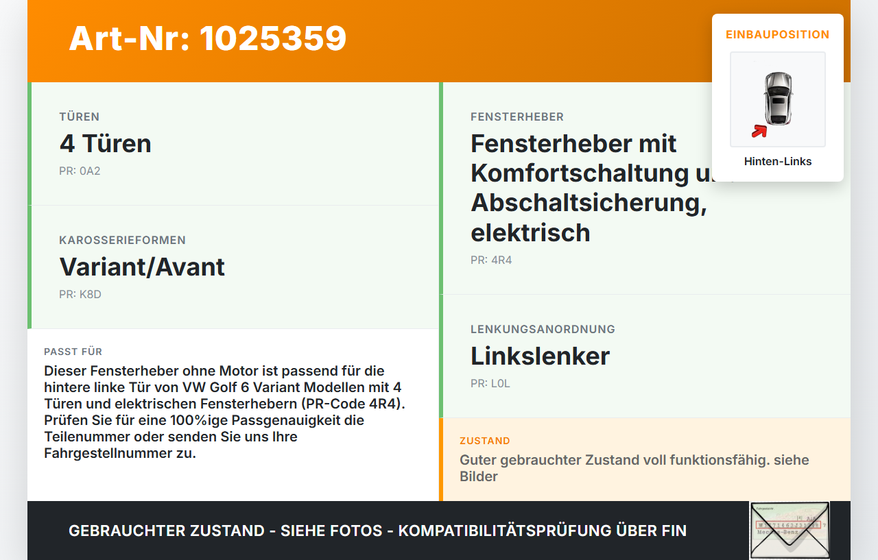 VW Golf 6 VI 5K 08-12 Kombi Fensterheber o. Motor Hinten Links VW Golf 6 VI 5K 08-12 14.07.2011 1K9839755A... Vorschau 3