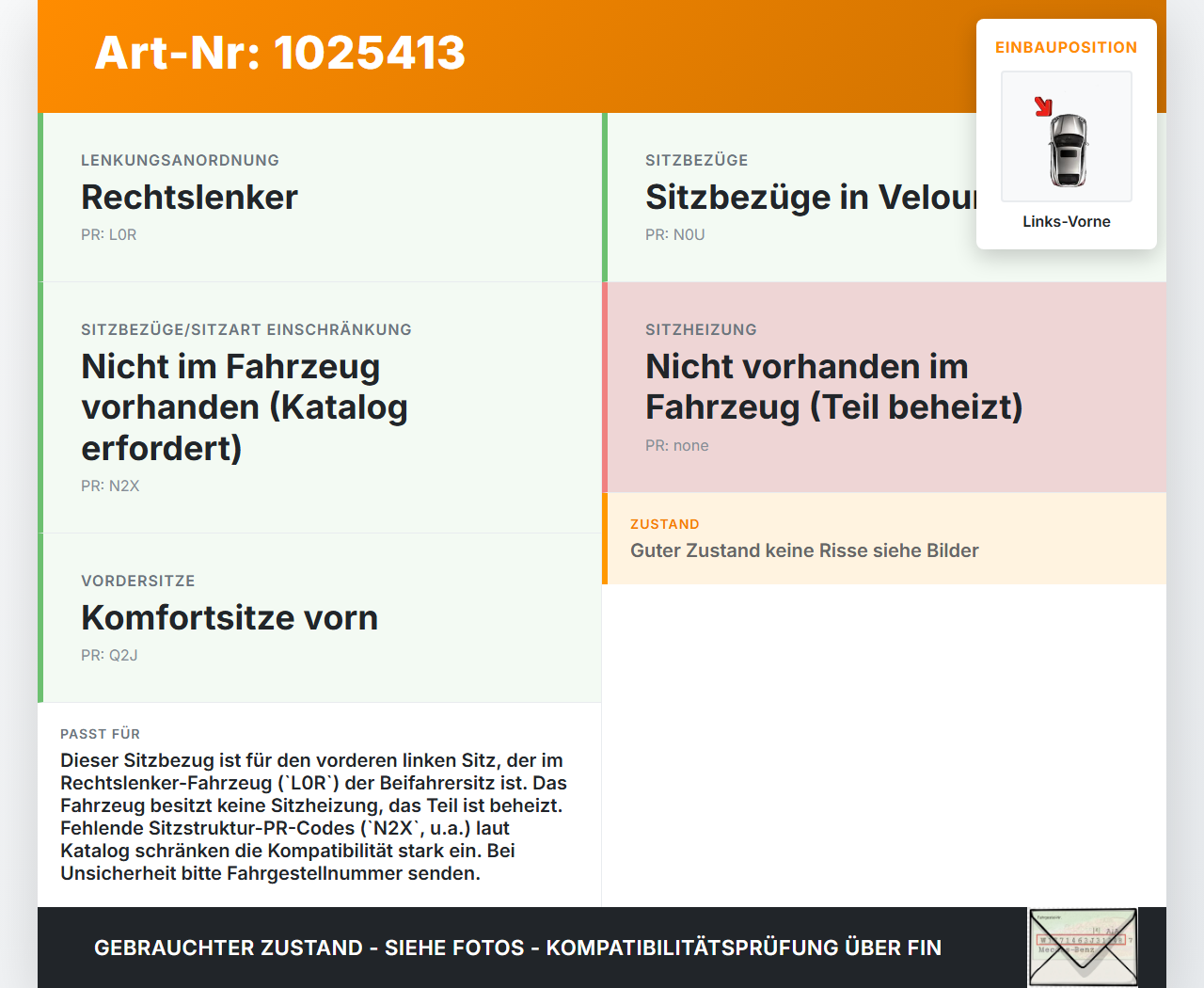 VW Passat B8 3G 14-19 Lim Sitzbezug Sitzpolster für Fahrersitz Sitz Rechts Vorne beheizt VW Passat B8 3G 14-19... Vorschau 3