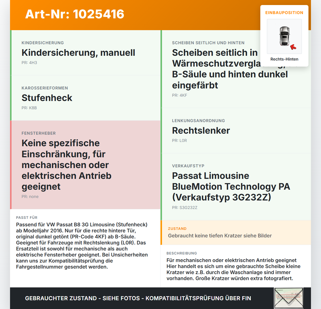 VW Passat B8 3G 14-19 Lim Seitenscheibe RHK Türscheibe Rechts Hinten Orig. getönt VW Passat B8 3G 14-19 20.07.2015... Vorschau 3
