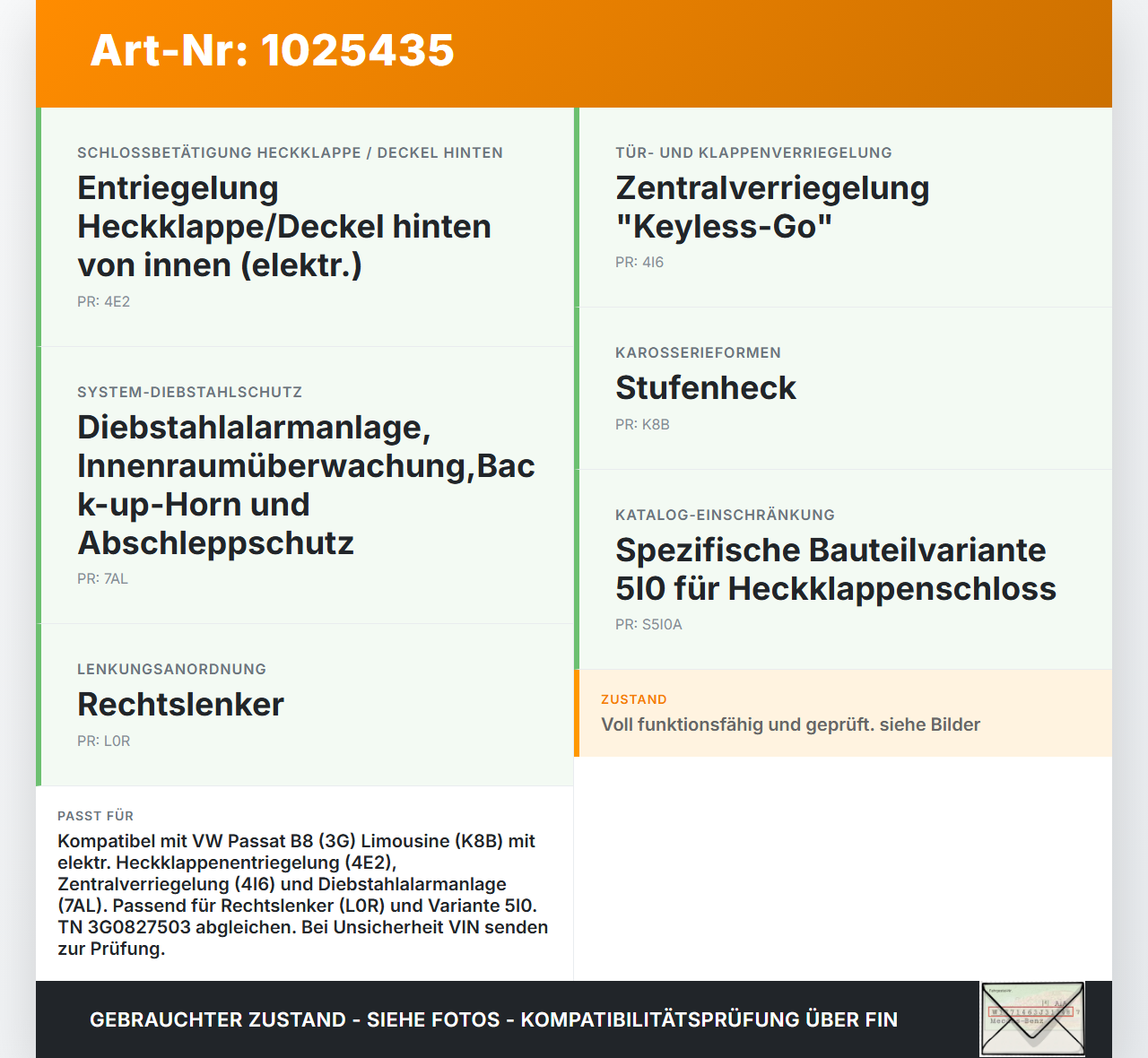 VW Passat B8 3G 14-19 Lim Schloss f. Heckklappe Heckklappenschloss Verriegelung VW Passat B8 3G 14-19 20.07.2015... Vorschau 3