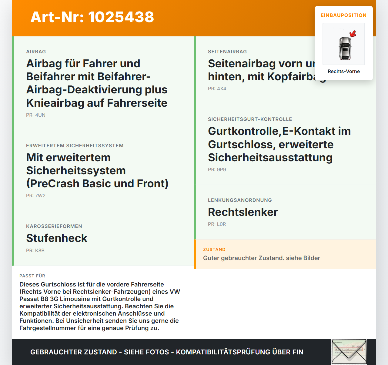 VW Passat B8 3G 14-19 Lim Gurtschloss Rechts Vorne VW Passat B8 3G 14-19 20.07.2015 3G0857756H gebraucht Vorschau 3