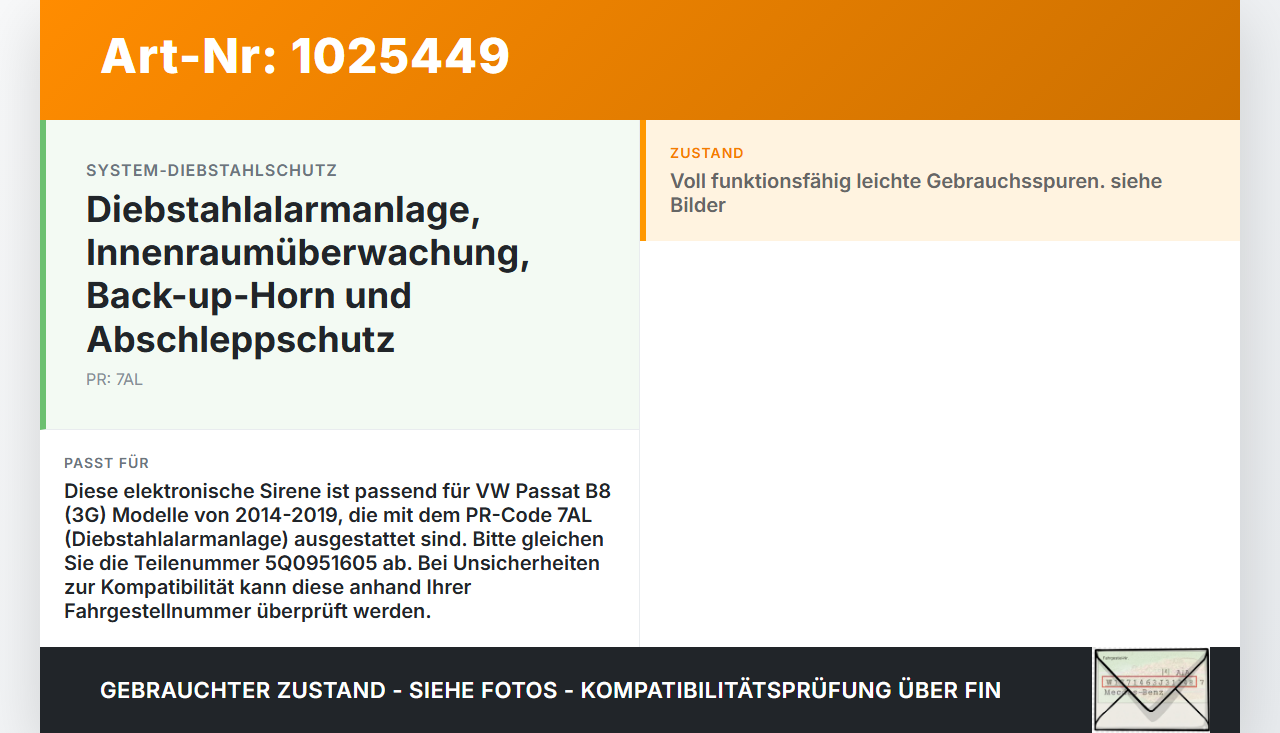 VW Passat B8 3G 14-19 Alarmanlage Alarm Summer Sirene VW Passat B8 3G 14-19 20.07.2015 5Q0951605 28257494 gebraucht Vorschau 3
