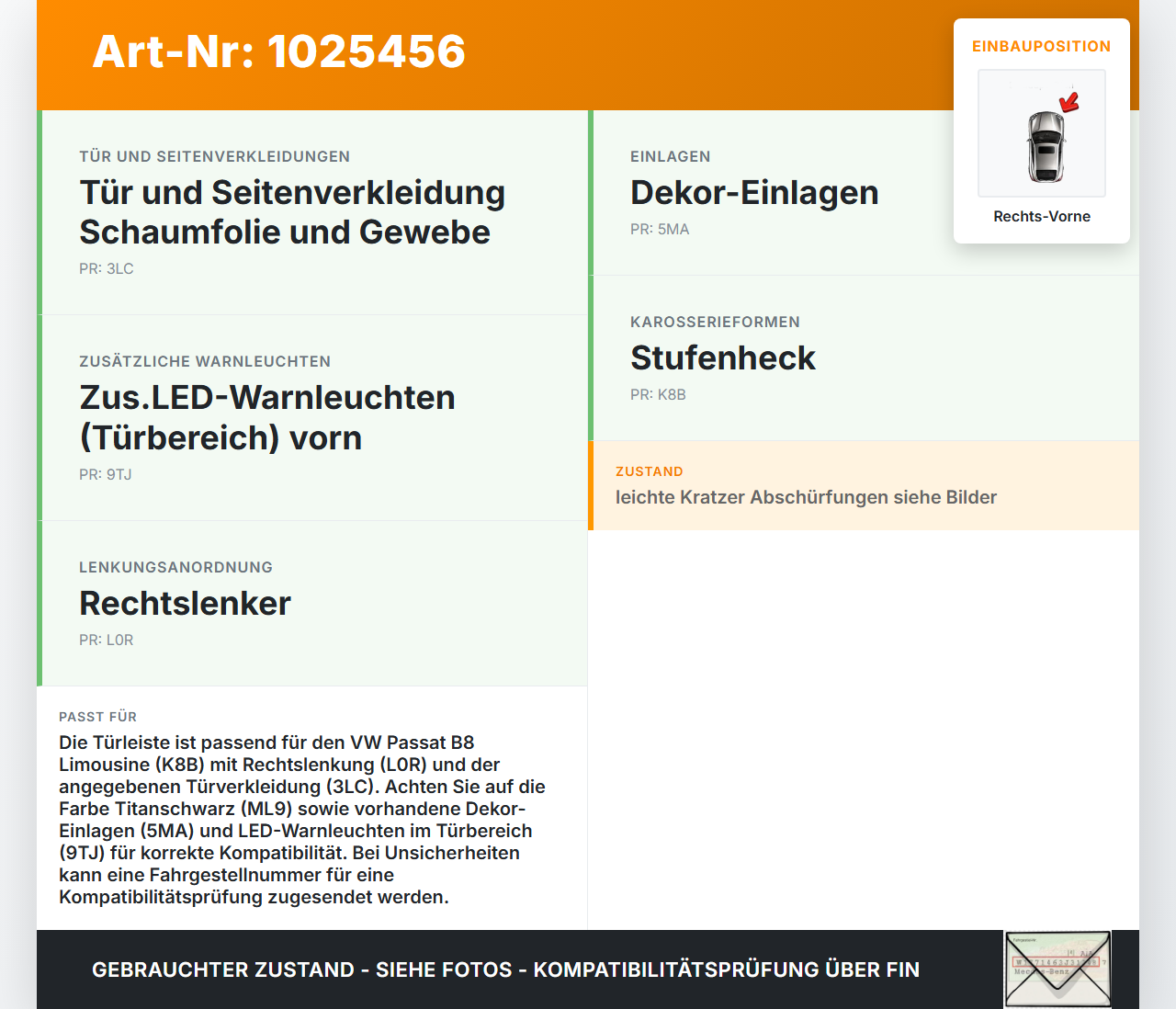 VW Passat B8 3G 14-19 Lim Türleiste Griff Rechts Vorne Innen LR7H VW Passat B8 3G 14-19 20.07.2015 3G0867440ML9... Vorschau 3