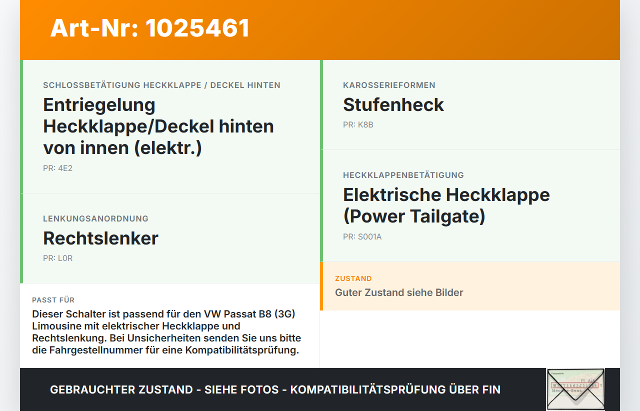 VW Passat B8 3G 14-19 Schalter Elektr. Heckklappe VW Passat B8 3G 14-19 20.07.2015 3G0959831 gebraucht Vorschau 3