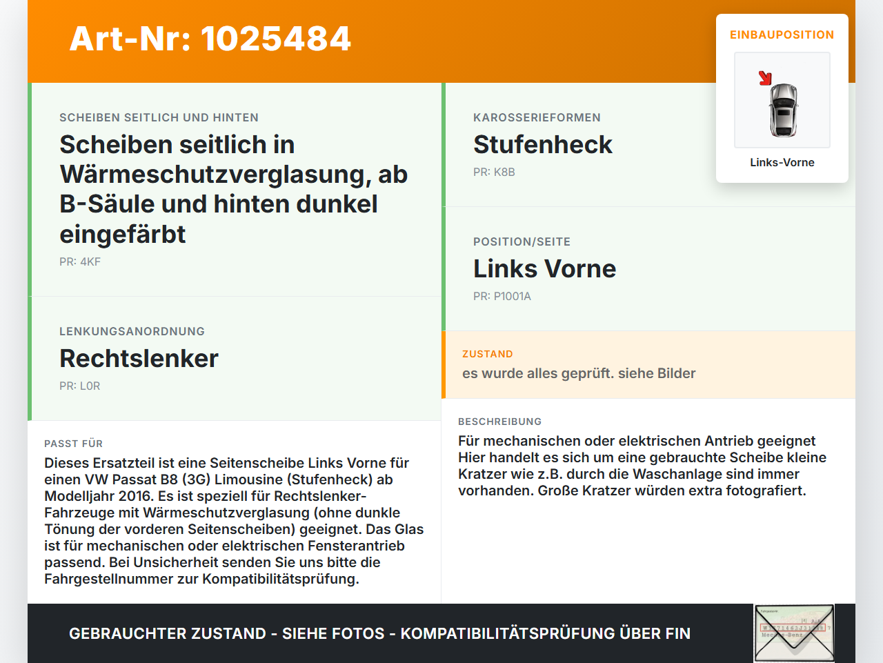 VW Passat B8 3G 14-19 Lim Seitenscheibe LVK Fenster Türscheibe Links Vorne VW Passat B8 3G 14-19 20.07.2015... Vorschau 3